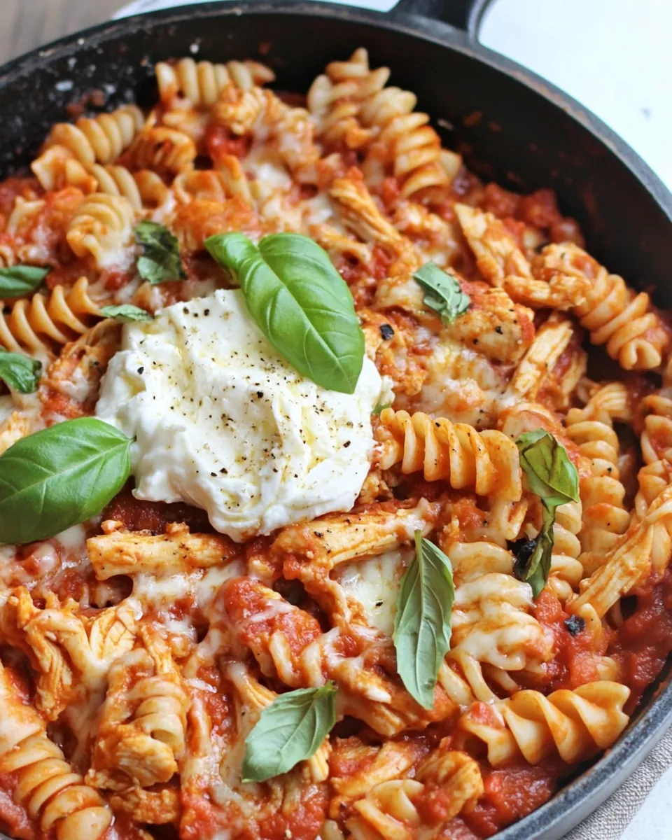 Skillet Cheesy Chicken Rotini with Homemade Tomato Basil Sauce