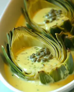 Steamed Artichokes with Caper Scallion Mayonnaise